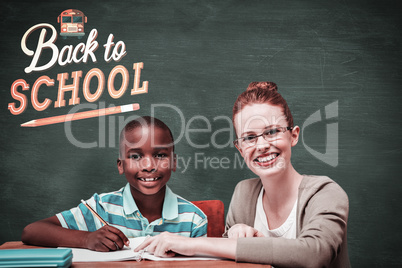 Composite image of happy pupil and teacher