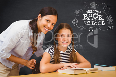 Composite image of female teacher and little girl in library