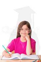 Composite image of cute pupil working at her desk