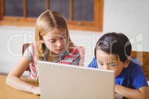 Cute pupils in class using laptop