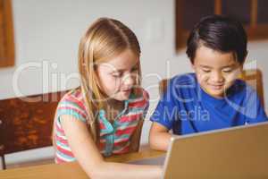 Cute pupils in class using laptop