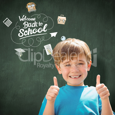 Composite image of cute pupil smiling at camera by the school bu
