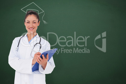 Composite image of happy doctor writing on clipboard