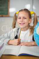 Cute pupil sitting at her desk in a classroom