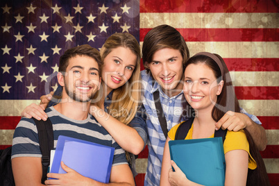 Composite image of students holding folders at college corridor