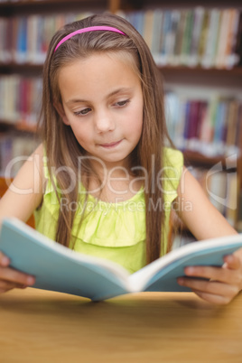 Pupil reading book at desk in library