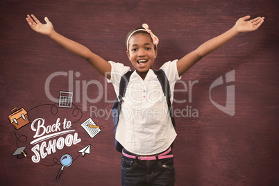 Composite image of girl stretching hands in school corridor