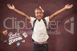 Composite image of girl stretching hands in school corridor