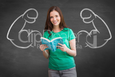 Composite image of student picking a book from shelf in library