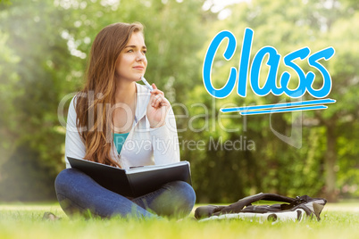 Class against thinking student sitting and holding book