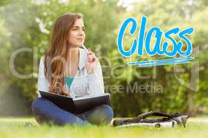 Class against thinking student sitting and holding book