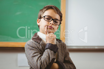 Pupil dressed up as teacher thinking