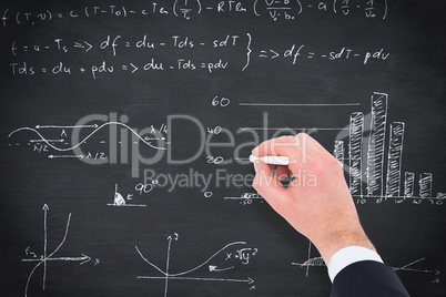 Composite image of hand of businessman writing with a white chal