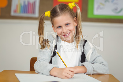 Cute pupil working at her desk in a classroom