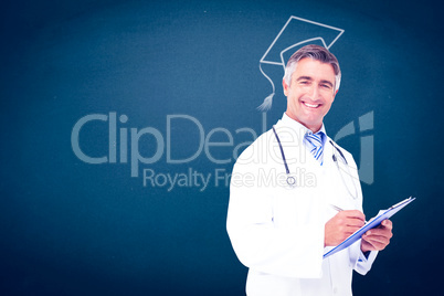 Composite image of happy doctor writing on clipboard