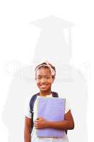 Composite image of little girl holding folders in school corrido