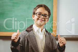 Smiling pupil dressed up as teacher doing thumbs up