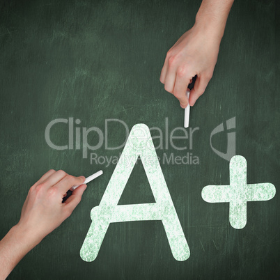 Composite image of hand writing with chalk