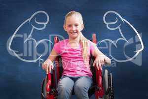 Composite image of cute disabled pupil smiling at camera in hall