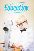 Education against cute pupil dressed up as scientist in classroo