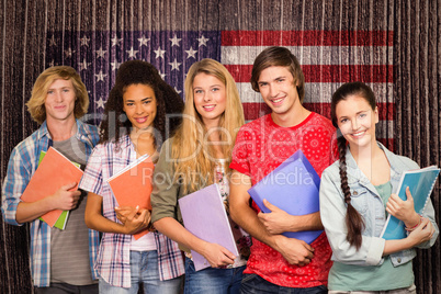 Composite image of college students holding books in library