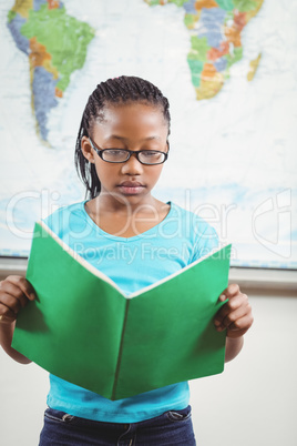 Focused pupil reading book in a classroom