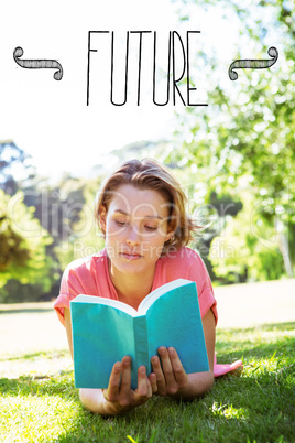 Future against pretty woman reading book in park