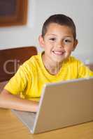 Cute pupil in class using laptop