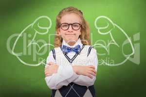 Composite image of cute pupil with arms crossed