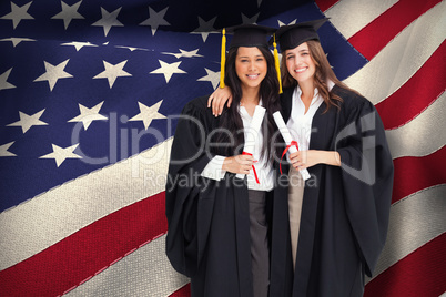 Composite image of two women embracing each other after they gra