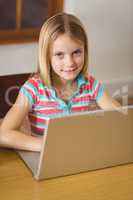 Cute pupil in class using laptop