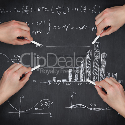 Composite image of multiple hands writing with chalk