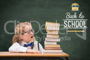 Composite image of surprise pupil looking at books