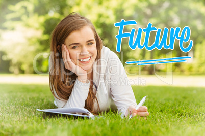 Future against smiling university student lying and writing on n