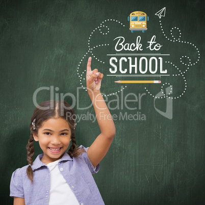 Composite image of happy pupil with arm raised