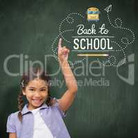 Composite image of happy pupil with arm raised