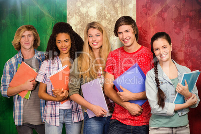 Composite image of college students holding books in library