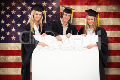 Composite image of three students in graduate robe holding and p