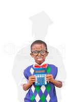 Composite image of happy pupil with calculator
