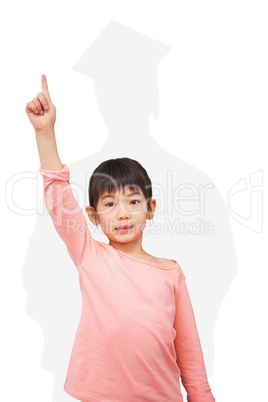 Composite image of happy pupil with hand raised