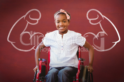Composite image of girl sitting in wheelchair in school corridor
