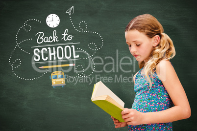 Composite image of girl reading book in library