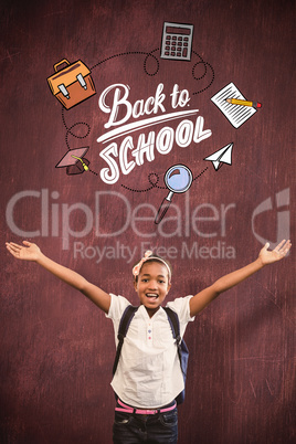 Composite image of girl stretching hands in school corridor