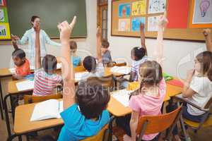 Pupils raising their hands during class