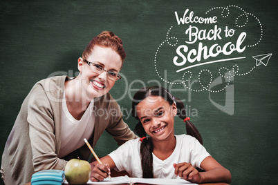 Composite image of happy pupil and teacher