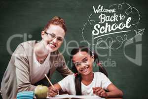 Composite image of happy pupil and teacher