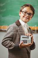 Pupil dressed up as teacher showing calculator