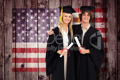 Composite image of two students in graduate robe shoulder to sho