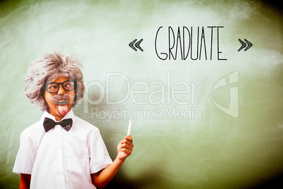 Graduate against boy dressed as senior teacher in front of black