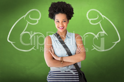 Composite image of portrait of casual young woman standing with